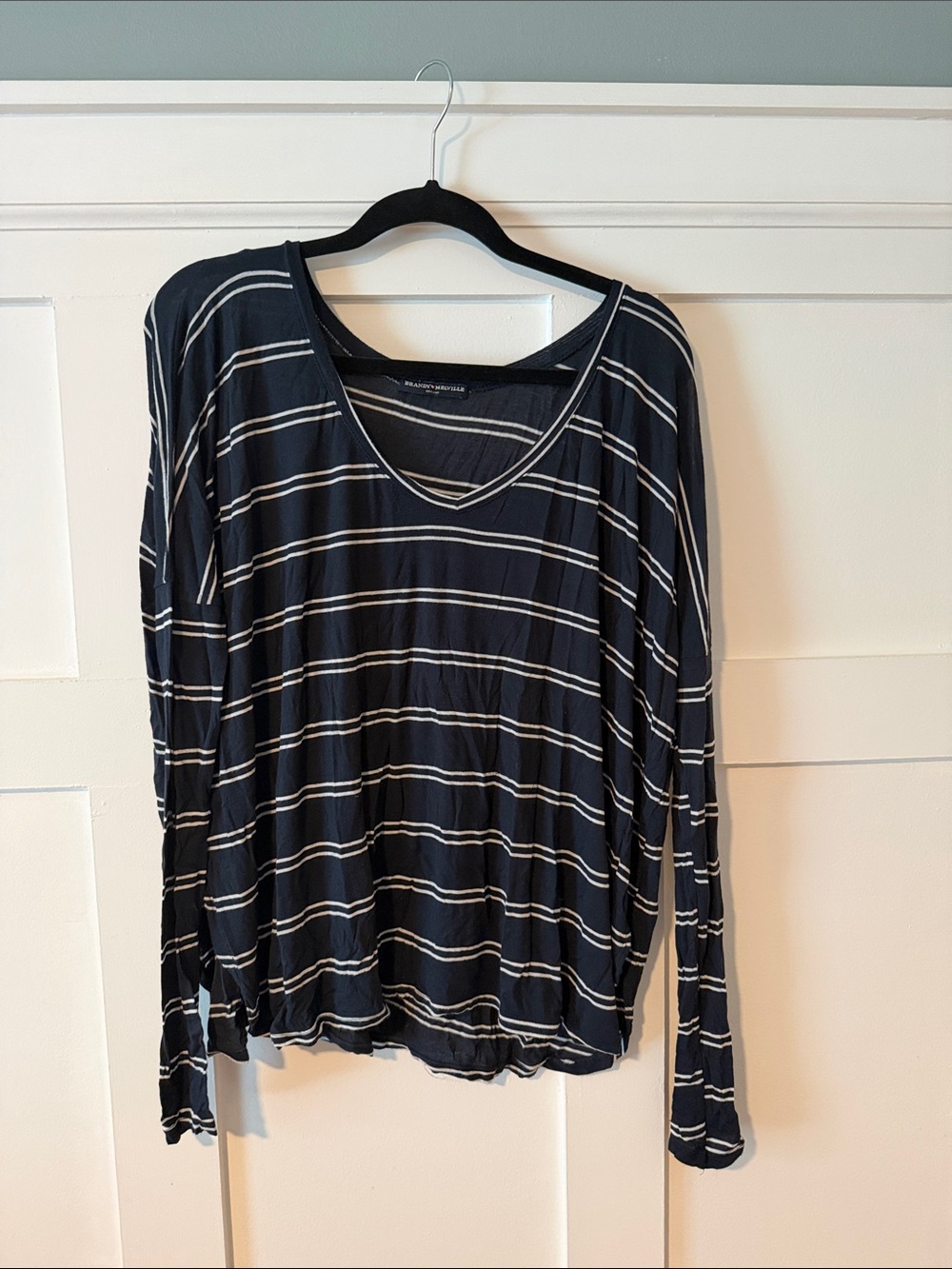 Brandy Melville Navy Blue and White Striped Long Sleeve Tee